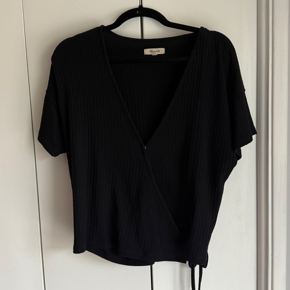 Madewell Black Ribbed Wrap Top With Side Tie